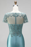 Vestido de baile comprido, sereia de cetim com decote em V, decote em V com bordado e mangas curtas