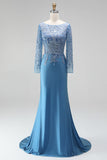 Sereia Azul Ardósia Ilusão, Gola Bateau, Aplicações, Vestido de Baile Longo de Cetim com Contas