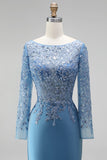 Sereia Azul Ardósia Ilusão, Gola Bateau, Aplicações, Vestido de Baile Longo de Cetim com Contas