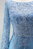 Sereia Azul Ardósia Ilusão, Gola Bateau, Aplicações, Vestido de Baile Longo de Cetim com Contas