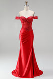 Espartilho sereia vermelho ombro descoberto, cetim com lantejoulas, apliques, vestido comprido de baile com fenda