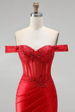 Espartilho sereia vermelho ombro descoberto, cetim com lantejoulas, apliques, vestido comprido de baile com fenda