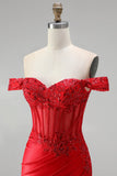 Espartilho sereia vermelho ombro descoberto, cetim com lantejoulas, apliques, vestido comprido de baile com fenda