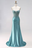 Espartilho de sereia azul menta, apliques de cetim, alças finas, vestido de baile comprido com contas