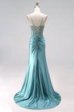 Espartilho de sereia azul menta, apliques de cetim, alças finas, vestido de baile comprido com contas