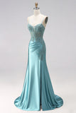 Espartilho de sereia azul menta, apliques de cetim, alças finas, vestido de baile comprido com contas
