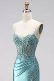 Espartilho de sereia azul menta, apliques de cetim, alças finas, vestido de baile comprido com contas