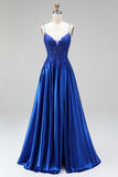A-Line Royal Blue Appliques de cetim com lantejoulas com alças finas Vestido de baile comprido