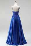 A-Line Royal Blue Appliques de cetim com lantejoulas com alças finas Vestido de baile comprido