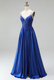 A-Line Royal Blue Appliques de cetim com lantejoulas com alças finas Vestido de baile comprido