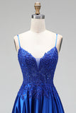 A-Line Royal Blue Appliques de cetim com lantejoulas com alças finas Vestido de baile comprido