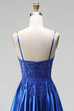 A-Line Royal Blue Appliques de cetim com lantejoulas com alças finas Vestido de baile comprido