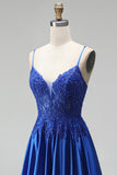 A-Line Royal Blue Appliques de cetim com lantejoulas com alças finas Vestido de baile comprido