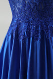 A-Line Royal Blue Appliques de cetim com lantejoulas com alças finas Vestido de baile comprido