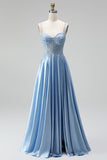 Espartilho azul claro, alças finas com contas transparentes, vestido de baile longo de cetim com fenda