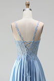 Espartilho azul claro, alças finas com contas transparentes, vestido de baile longo de cetim com fenda