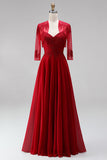Vestido de baile de finalistas com bordado vermelho em chiffon com alças finas e casaco bolero