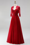 Vestido de baile de finalistas com bordado vermelho em chiffon com alças finas e casaco bolero