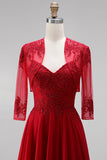 Vestido de baile de finalistas com bordado vermelho em chiffon com alças finas e casaco bolero