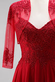 Vestido de baile de finalistas com bordado vermelho em chiffon com alças finas e casaco bolero