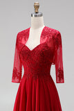 Vestido de baile de finalistas com bordado vermelho em chiffon com alças finas e casaco bolero