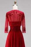 Vestido de baile de finalistas com bordado vermelho em chiffon com alças finas e casaco bolero