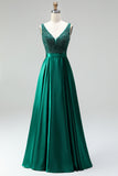 Vestido longo de baile de finalistas verde verde escuro com decote em V e decote em V