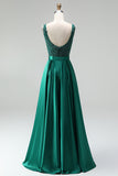 Vestido longo de baile de finalistas verde verde escuro com decote em V e decote em V