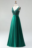 Vestido longo de baile de finalistas verde verde escuro com decote em V e decote em V