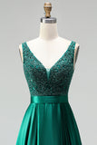 Vestido longo de baile de finalistas verde verde escuro com decote em V e decote em V