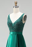Vestido longo de baile de finalistas verde verde escuro com decote em V e decote em V