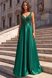 Vestido longo de baile de finalistas verde verde escuro com decote em V e decote em V
