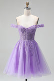 Aplique florais 3D em ameixa leve ombro descoberto Espartilho em tule Linha A Vestido curto de regresso a casa com contas