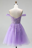 Aplique florais 3D em ameixa leve ombro descoberto Espartilho em tule Linha A Vestido curto de regresso a casa com contas