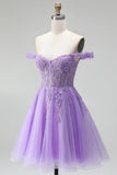 Aplique florais 3D em ameixa leve ombro descoberto Espartilho em tule Linha A Vestido curto de regresso a casa com contas