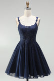 Vestido Curto de Regresso a Casas, Vestido Curto de Renda em Chiffon Linha A-Azul-Marinho com Pérolas