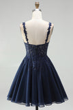 Vestido Curto de Regresso a Casas, Vestido Curto de Renda em Chiffon Linha A-Azul-Marinho com Pérolas