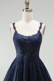 Vestido Curto de Regresso a Casas, Vestido Curto de Renda em Chiffon Linha A-Azul-Marinho com Pérolas