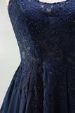 Vestido Curto de Regresso a Casas, Vestido Curto de Renda em Chiffon Linha A-Azul-Marinho com Pérolas