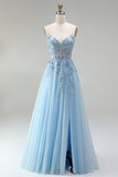 Espartilho azul celeste Aplicações florais transparentes Vestido de finalistas A-Line Lenejoulas Vestido de Baile Longo Sem Alças com Fenda Lateral