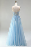 Espartilho azul celeste Aplicações florais transparentes Vestido de finalistas A-Line Lenejoulas Vestido de Baile Longo Sem Alças com Fenda Lateral