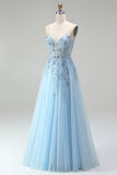 Espartilho azul celeste Aplicações florais transparentes Vestido de finalistas A-Line Lenejoulas Vestido de Baile Longo Sem Alças com Fenda Lateral
