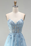 Espartilho azul celeste Aplicações florais transparentes Vestido de finalistas A-Line Lenejoulas Vestido de Baile Longo Sem Alças com Fenda Lateral