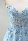 Espartilho azul celeste Aplicações florais transparentes Vestido de finalistas A-Line Lenejoulas Vestido de Baile Longo Sem Alças com Fenda Lateral