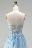 Espartilho azul celeste Aplicações florais transparentes Vestido de finalistas A-Line Lenejoulas Vestido de Baile Longo Sem Alças com Fenda Lateral