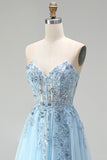 Espartilho azul celeste Aplicações florais transparentes Vestido de finalistas A-Line Lenejoulas Vestido de Baile Longo Sem Alças com Fenda Lateral