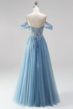 Glitter Espartilho A-Line de ombros frios azul poeirento Espartilho transparente de lantejoulas Vestido de baile longo com apliques