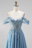 Glitter Espartilho A-Line de ombros frios azul poeirento Espartilho transparente de lantejoulas Vestido de baile longo com apliques