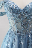 Glitter Espartilho A-Line de ombros frios azul poeirento Espartilho transparente de lantejoulas Vestido de baile longo com apliques