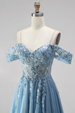 Glitter Espartilho A-Line de ombros frios azul poeirento Espartilho transparente de lantejoulas Vestido de baile longo com apliques